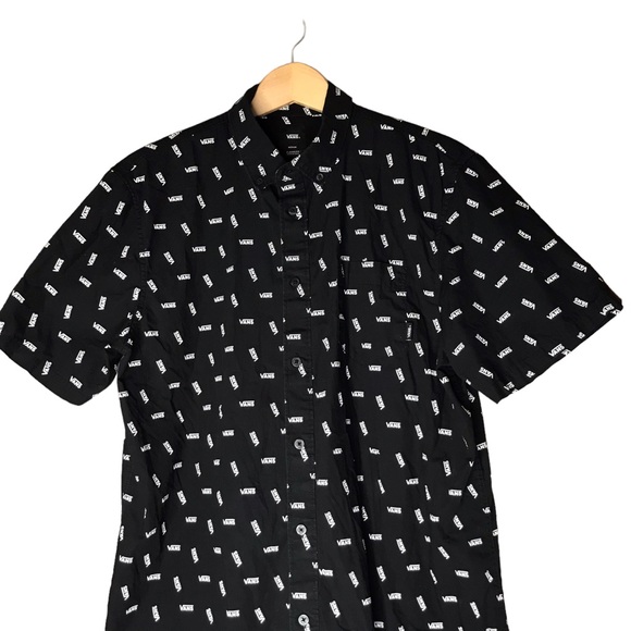 Vans Button Down Shirt Black White Spellout Short Sleeve Cotton Men’s Medium - Picture 2 of 10